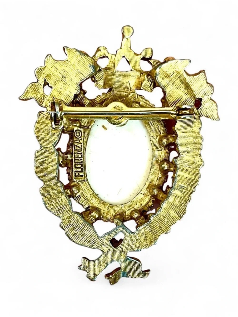 Florenza RARE 1950s Victorian Lucite Cameo Crown Brooch Pin Gold Tone Royalcore